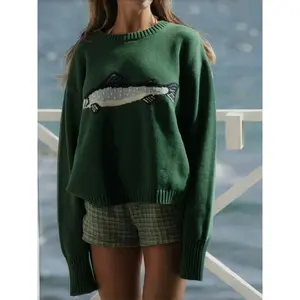Womens Long Sleeve Sweater Cute Fish Graphic Crew Neck Knit Tops Casual Fall Pullover Knitwear Loose Crop Shirt For Going Out Streetwear
