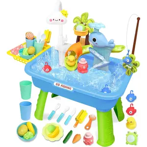 Water Play Table for Toddlers 1-3, Kids Play Sink with Electric Faucet, Outdoor Water Table with Fishing Game, Summer Baby Water Sensory Toy (Blue)