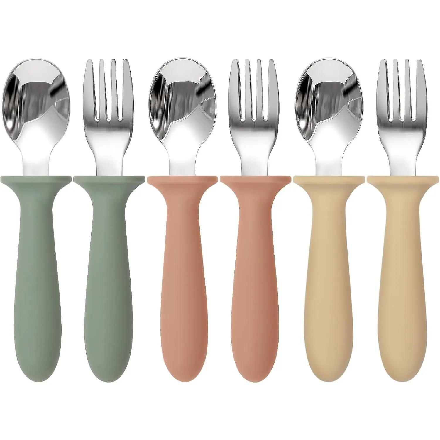 6 Pack Toddler Utensils, kids Silverware with Silicone Handle, 18/8 Stainless Steel Children Safe Spoons and Forks Set Baby Feeding Essentials, Dishwasher Safe