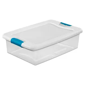Sterilite 501864 Rectangle 32 qt Latching Organizer Box - Lockable, Multifunctional Bin for Kitchen Pantry Use, Stackable Durable Option with See-Through Hinged White Lid & Blue Latches, Kitchen Pantry Storage, Durable Storage Organizer, Lockable Storage