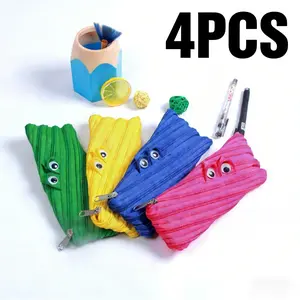 4-Piece Set: Creative & Adorable Storage Pouches — Simple, Cute, Single-Zipper Design | Large-Capacity Canvas "Little Monster" Pencil Case, Organizer, Travel & Cosmetic Bag