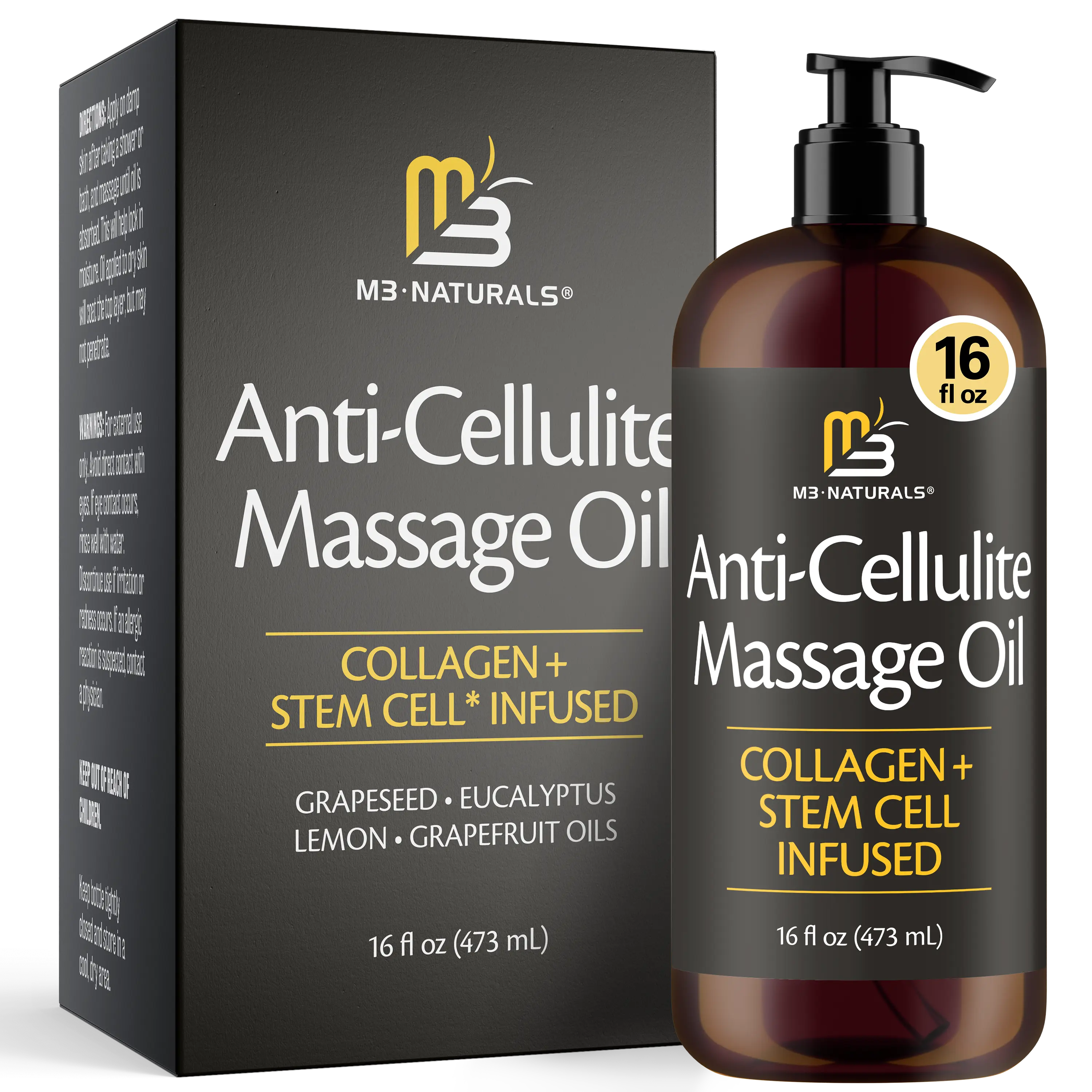 M3 Naturals Firming Body Massage Oil 16 Fl Oz with Collagen & Stem Cell – Helps Smooth The Appearance of Cellulite & Improve Skin Texture – Refreshing Aromatherapy Body Oil for Legs & Full Body - Lemony Eucalyptus Scent