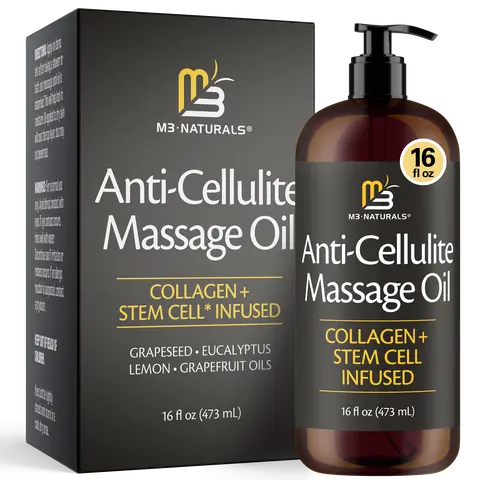 M3 Naturals Firming Body Massage Oil 16 Fl Oz with Collagen & Stem Cell – Helps Smooth The Appearance of Cellulite & Improve Skin Texture – Refreshing Aromatherapy Body Oil for Legs & Full Body -  Lemony Eucalyptus Scent