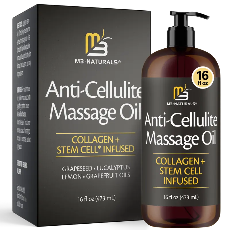 M3 Naturals Firming Body Massage Oil 16 Fl Oz with Collagen & Stem Cell – Helps Smooth The Appearance of Cellulite & Improve Skin Texture – Refreshing Aromatherapy Body Oil for Legs & Full Body -  Lemony Eucalyptus Scent
