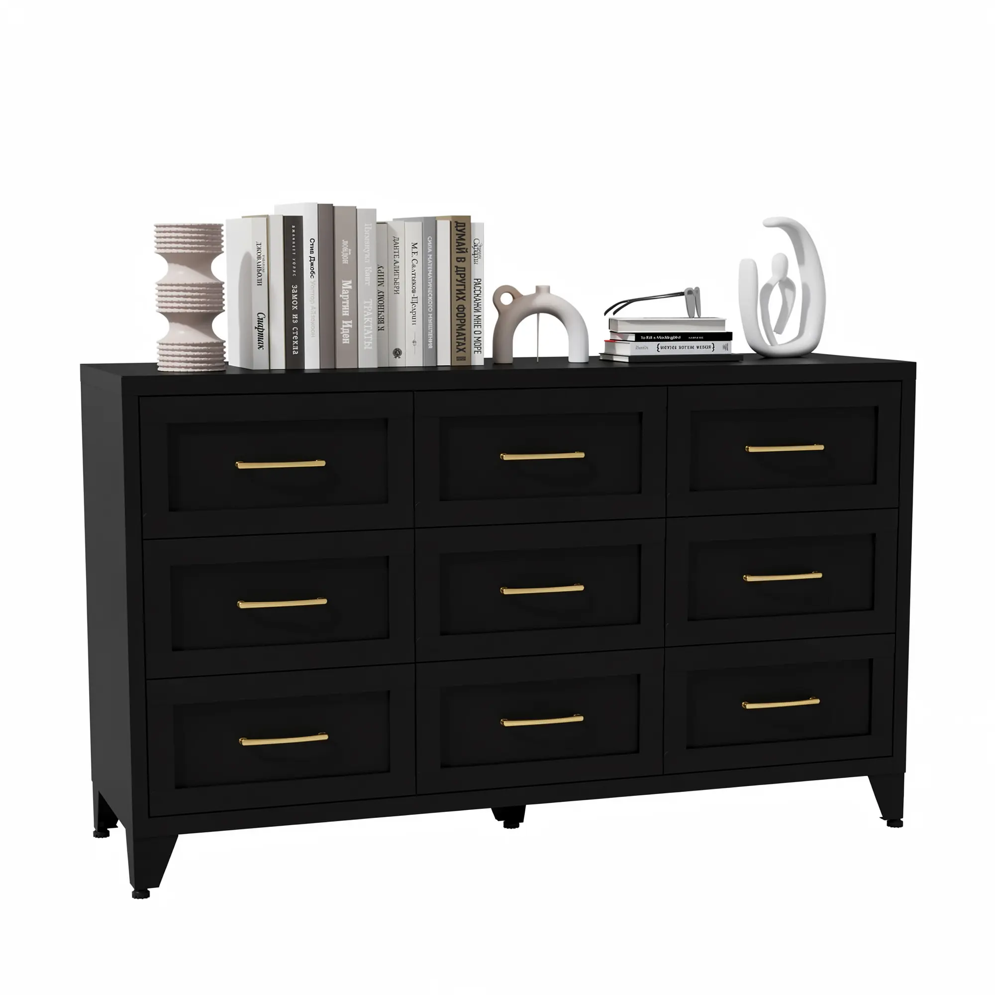 9-Drawer Modern Bedroom Dresser, Black Storage Cabinet with Gold Metal Handles, Sturdy Metal Frame Organizer for Clothes, Socks, Toys