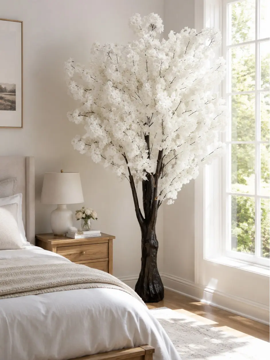 6.5FT White Artificial Cherry Blossom Tree – Faux Cherry Blossom Tree for Home, Office, Wedding Decor, Realistic White Blossom Tree for Living Room, Indoor & Outdoor Decoration (2m, White)