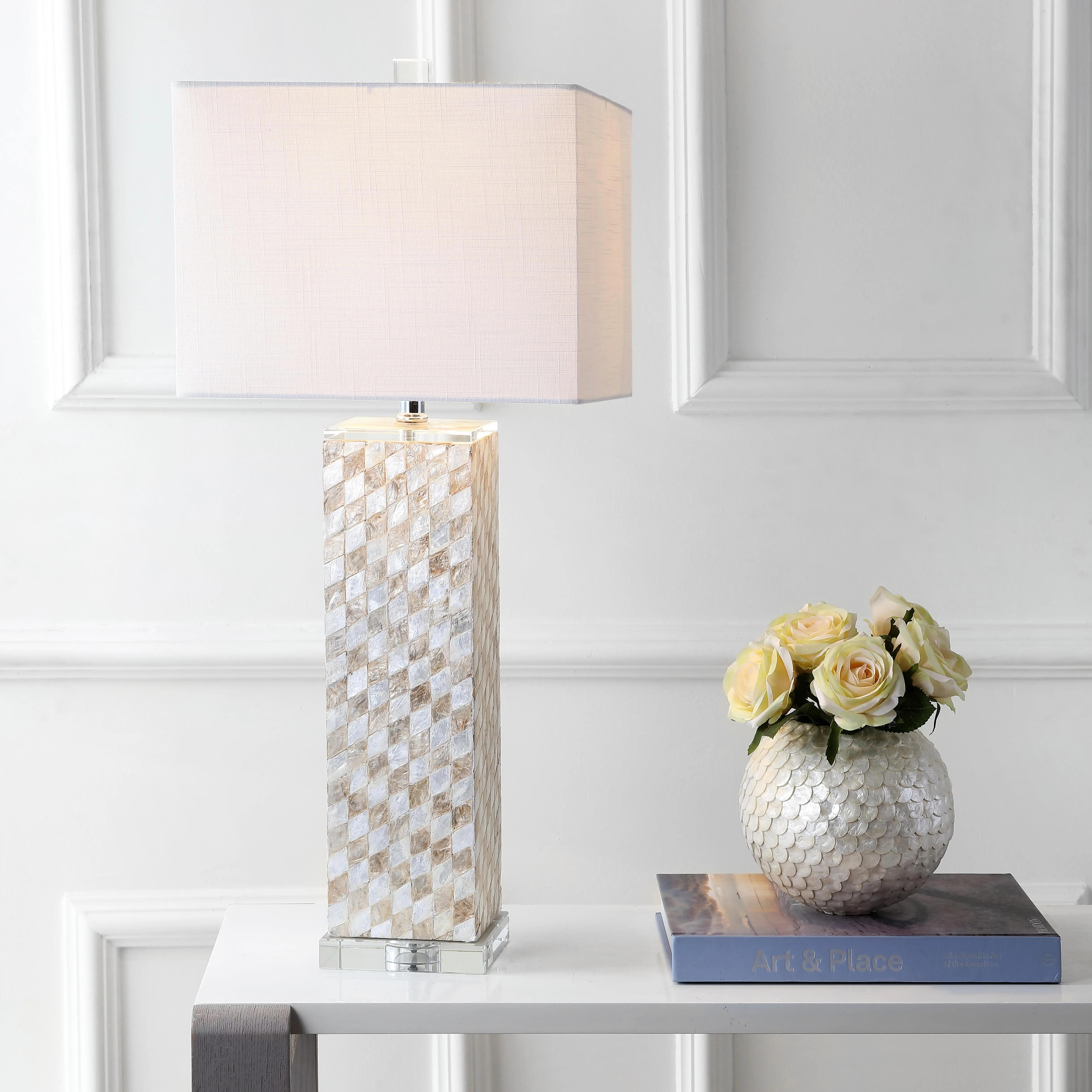 JONATHAN Y Daniel 30.5" Metal Table Lamp - Home Decor Lighting, Seashell Harlequin Mosaic, Seashell Resin Ivory Mother Of Pearl Finish, White Cotton Linen Hardback Rectangle Shade, Included LED/CFL/Incandescent Bulb, Coastal Traditional, Rotary Switch