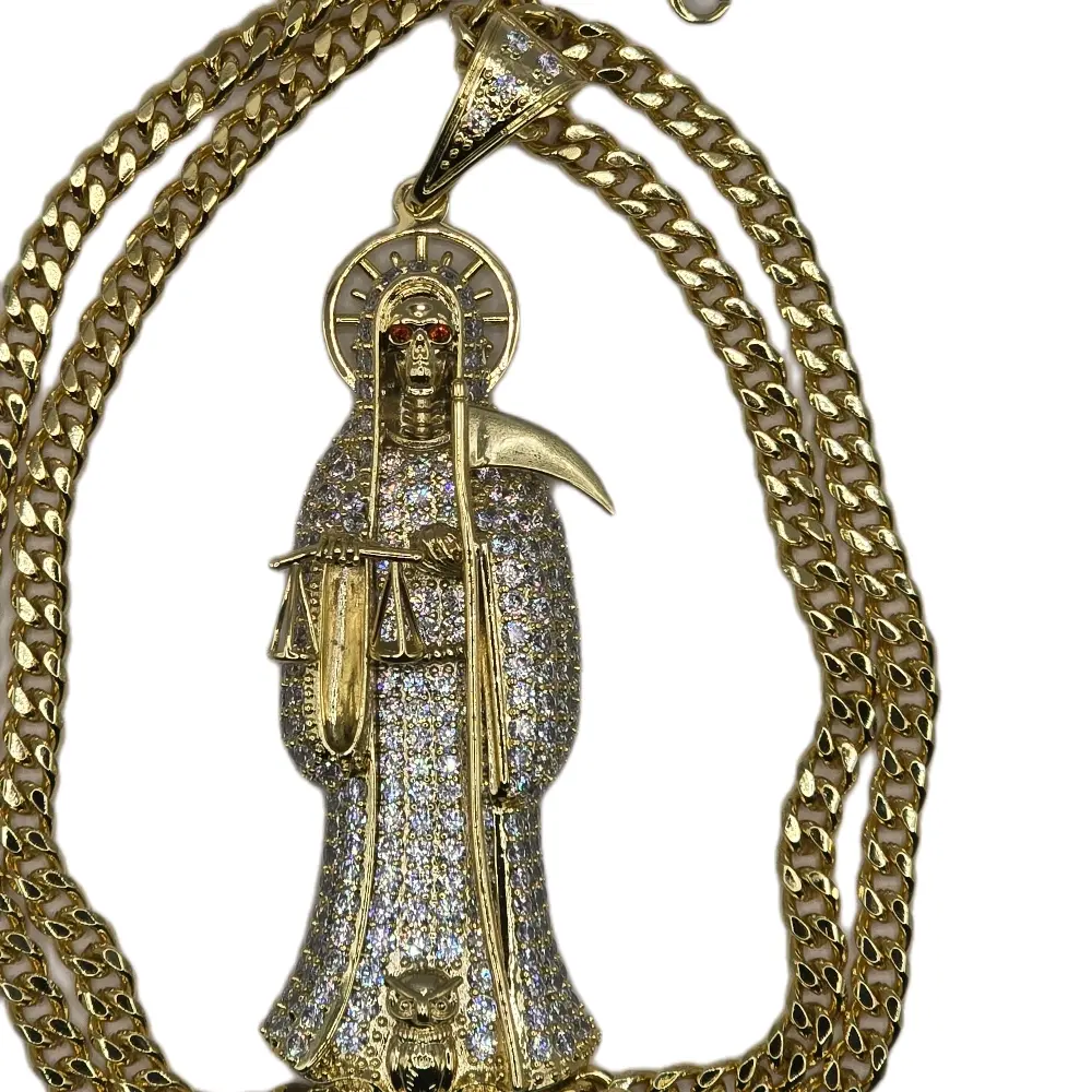 Maxi XL Pendant and Santa Muerte Chain - Gold Plated with Rhinestones and Scythe Design