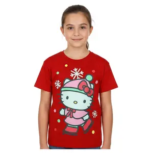 Hello Kitty T-Shirt Girls' Ice Skates and Snowflakes Short Sleeve Kids Tee
