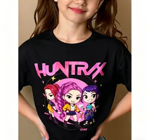 Casual girls' crew neck short sleeve T-shirt, cute HUNTRIX MINI cartoon printed pattern, loose fit design, white color, ideal for spring, summer and daily wear.