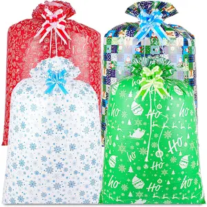 4 Extra Large Christmas Bags, Jumbo 60" x 36" Oversized Plastic Gift Bags with Pull Bows and Tags for Giant Xmas Holiday Gifts