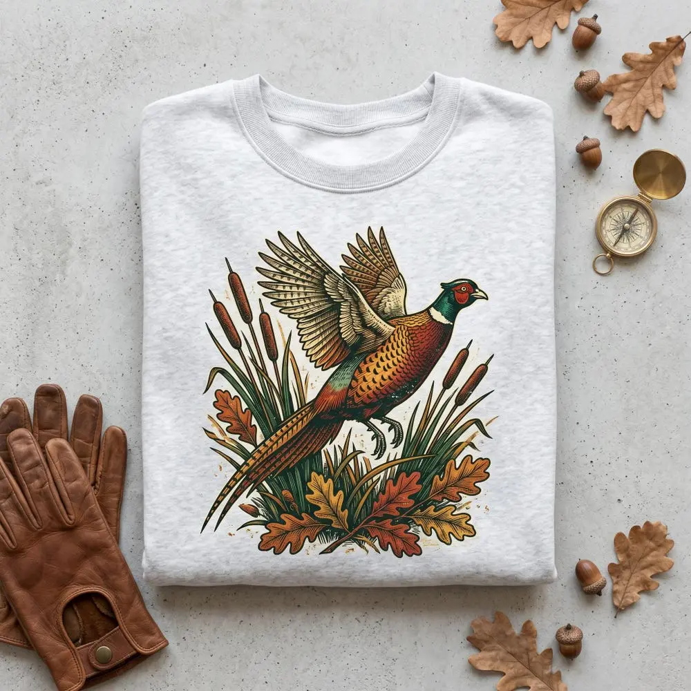 Women's Vintage Pheasant Pullover Sweatshirt, Retro Bird Graphic Digital Print, Heavy Blend Long Sleeve Top, Fitted, Round Neck, Tops, Hand Wash, Polyester, All Seasons, Do Not Dry Clean, Lady, Fitted Cut, Pullover Top