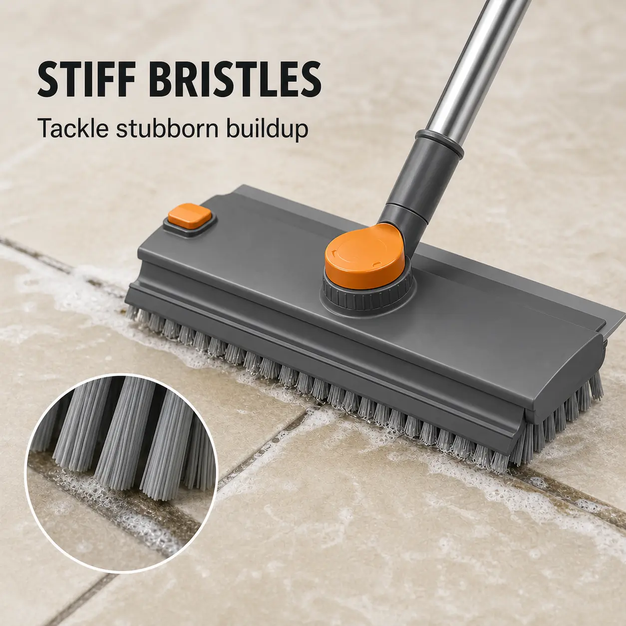 Heavy-Duty Floor Scrub Brush with Adjustable Long Handle, 3-in-1 Cleaning Brush with Stiff 90° Bristles, Silicone Squeegee and Hair Removal Clip, 360° Rotating Head for Bathroom, Shower, Tile, Grout, Concrete, Patio, Garage, Deck and Kitchen