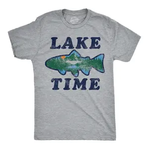 Mens Funny T Shirts Lake Time Sarcastic Vacation Graphic Novelty Tee For Men Mens Funny T Shirts Cool Vintage Fashion T-Shirt Gift Classic Menswear Fishing Apparel for Men Funny Camping Short Sleeve Novelty Light Grey