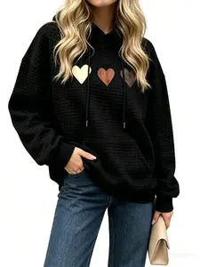 Hoodies Sweatshirt for Women Heart & Patchwork Print Graphic Sweatshirts Waffle Long Sleeve Loose Fit Sweaters Drawstring Hooded Neck Casual Pullover Tops