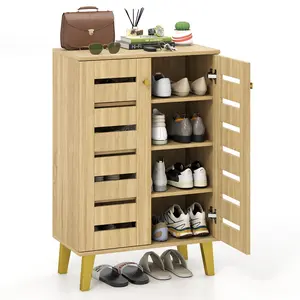 COSTWAY - 4-Tier Modern Freestanding  Wooden Shoe Cabinet with Doors and Removable Shelves-Oak