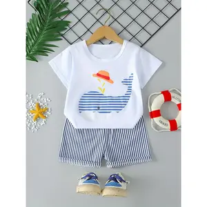 Boys' Casual Outfit - Short Sleeve T-Shirt & Whale Shorts Set, Cute Cartoon Design with Whale & Hot Dog Graphic, Blue & White Striped Pattern, Regular Fit Casual Attire, Boy Shorts, Everyday Kids Clothing, Kids Fashion, Comfortable Kids Wear, Outdoor