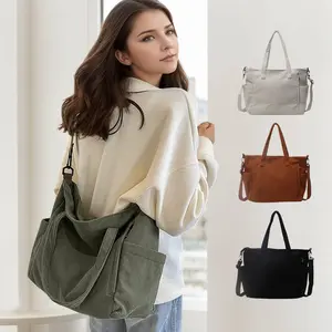 Women's Elegant Solid Color Corduroy Tote Bag Zipper Closure Handbag Multi Pockets Crossbody Purse for Daily Use