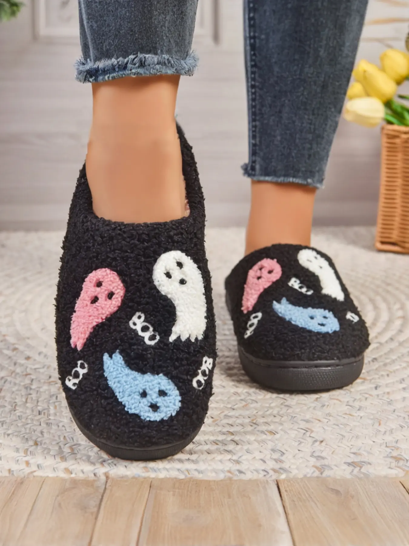 Men's Halloween Elf Embroidered Plush Slippers, Tpr Sole, Warm Indoor Footwear, Cartoon Pattern, Casual Winter Style, Textile Upper