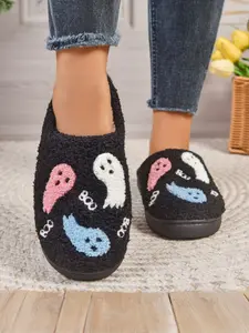 Men's Halloween Elf Embroidered Plush Slippers, Tpr Sole, Warm Indoor Footwear, Cartoon Pattern, Casual Winter Style, Textile Upper