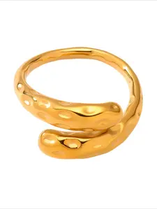 Vintage Hammered Lava Ring Open End Design 18K Gold Plated Stainless Steel Stackable Statement Ring