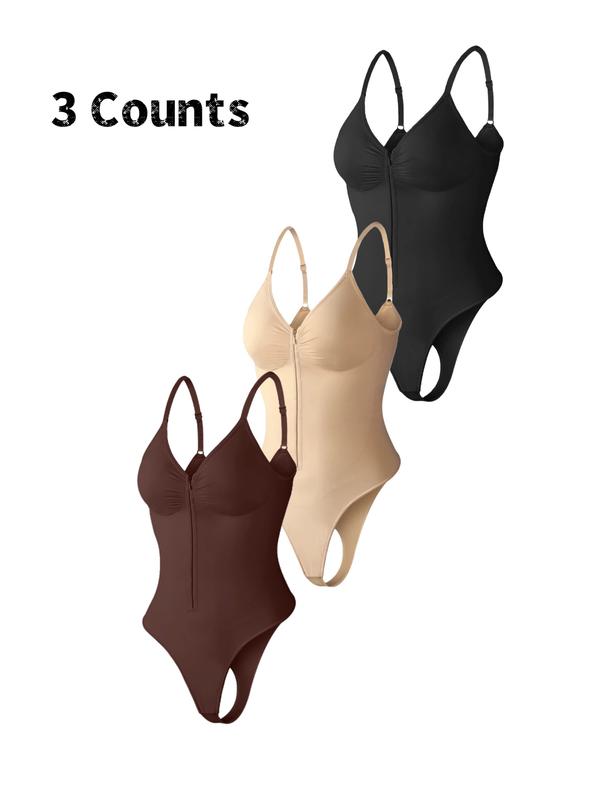 Women's Seamless Shapewear Bodysuit, Front Zipper Design, Tummy Control Thong Style, All Seasons Wearable, Comfortable Fit, Seamless Compression Body