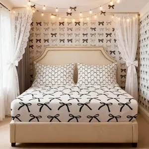 Cartoon Bowknot Kids Fitted Sheet,Bow Tie Geometric Patchwork Modern Bedding Set,Girls Women Room Decor,Bow Butterfly Knot Bed Cover,Black White Simple Bed Sheet