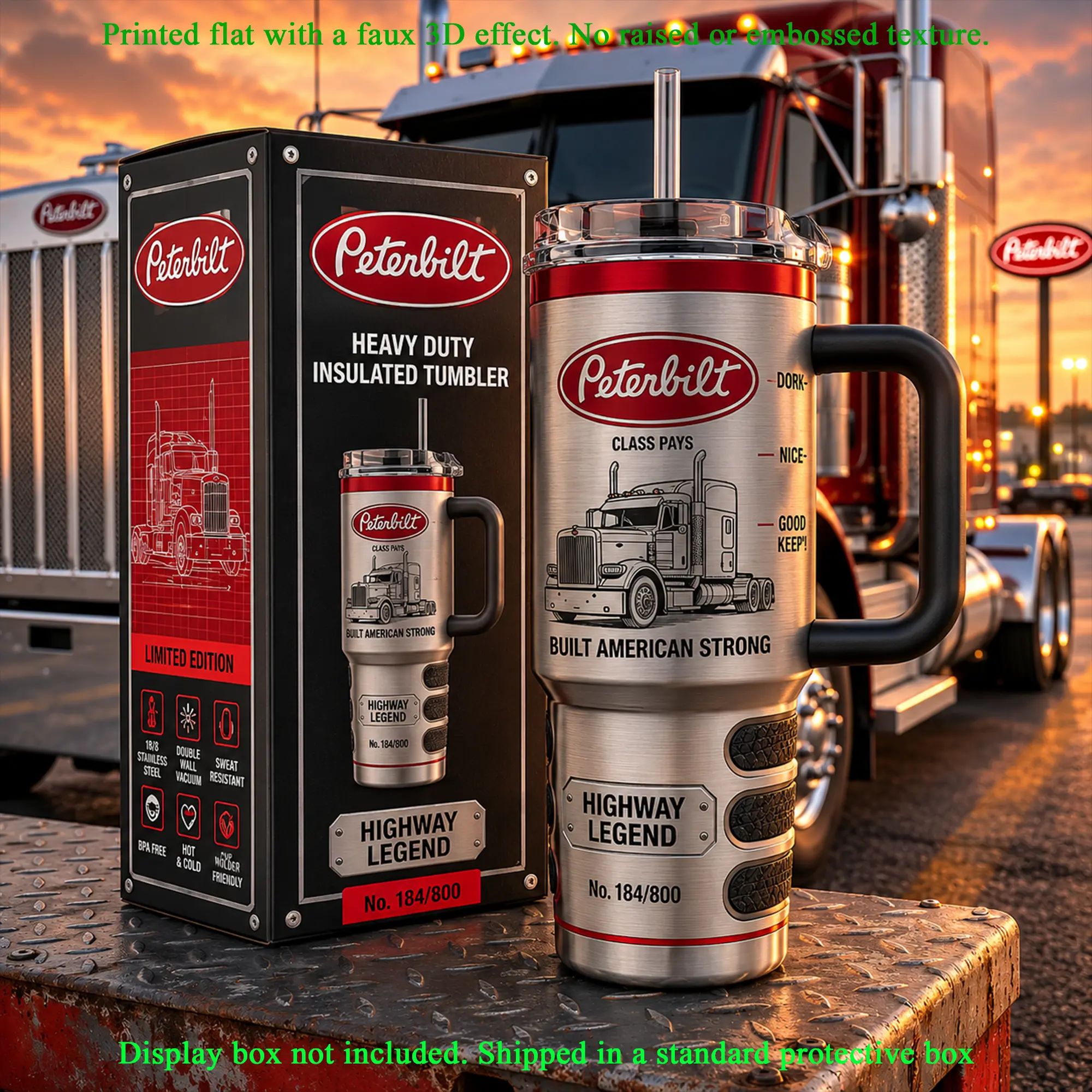 Peterbilt Highway Legend 40oz Tumbler With Handle, Premium Vacuum Insulated Stainless Steel Travel Mug, Heavy Duty Truck Collector's Edition Gift, Gift For Dad Husband