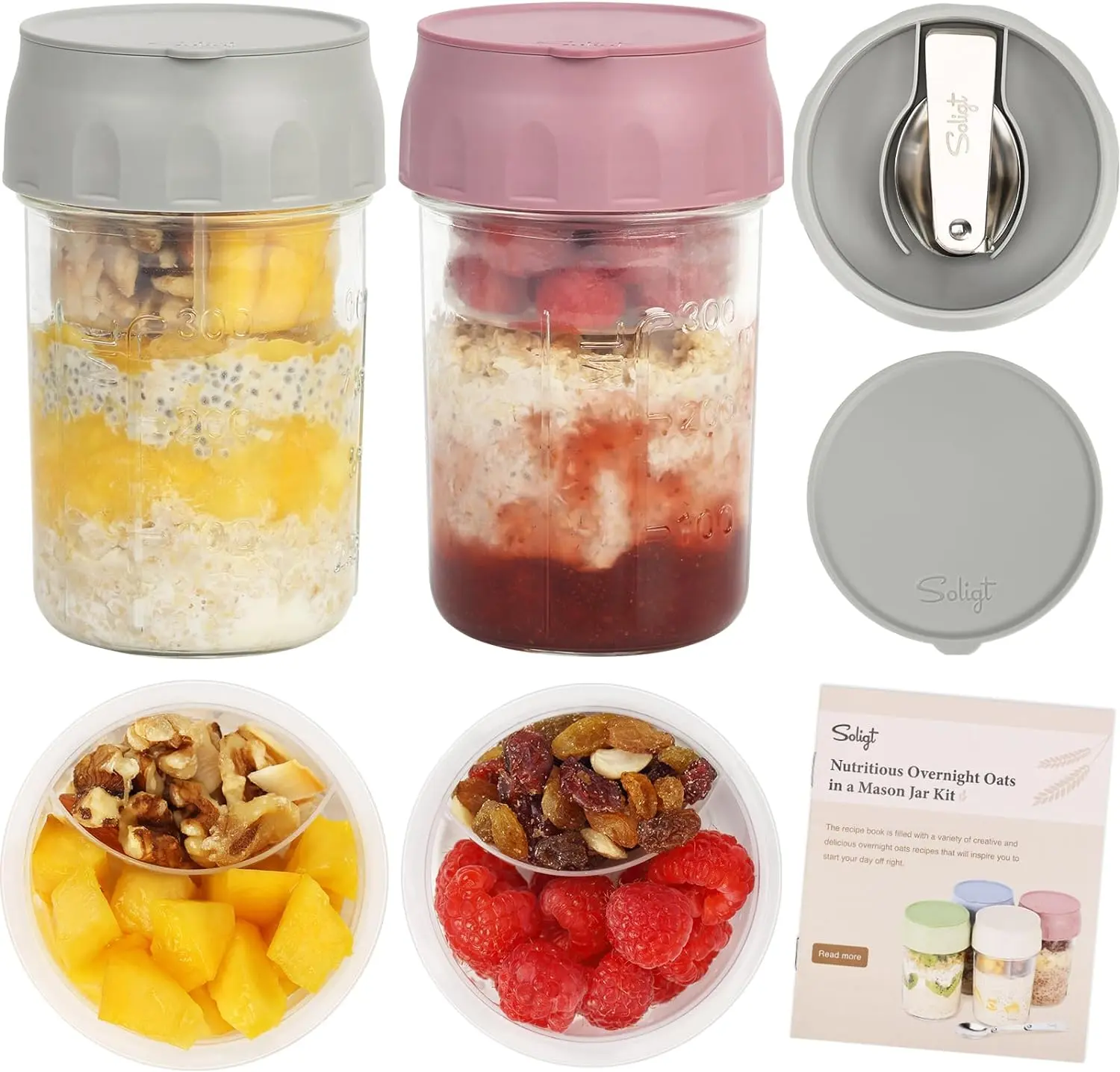 Soligt 16oz Overnight Oats BPA-Free Plastic Stackable Lunch Canister with Removable Lid, Folding Spoon, Divided Compartments for Fruit & Nuts, Ideal for Oatmeal Yogurt Parfaits & Fruit Storage, Fruit Storage Containers