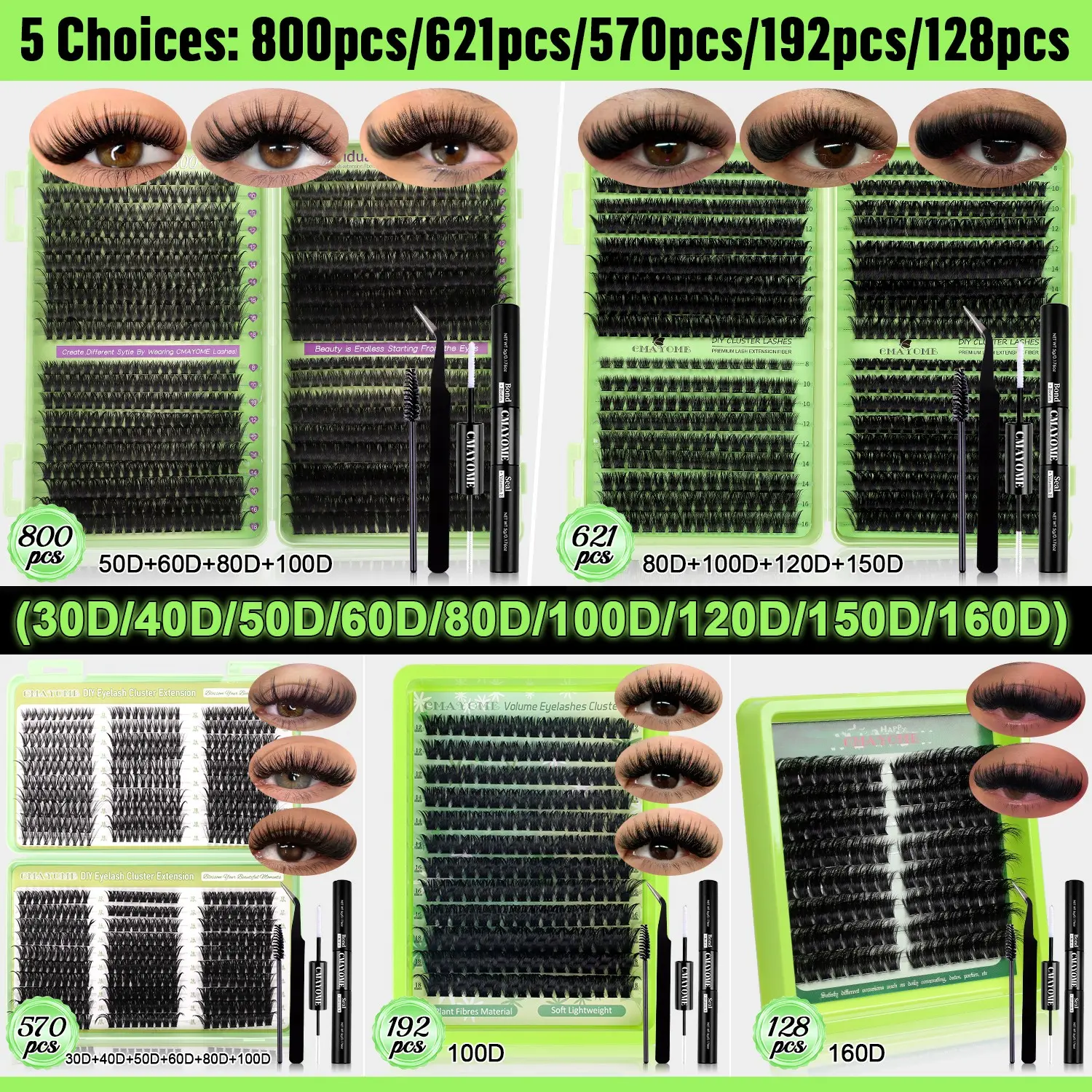 800/621/570/192/128 Clusters Thick Lash Kit, Volume Eyelashes, DIY Eyelash Cluster, Eyelash Extensions, 30D-160D Mixed Styles, 8-18mm Mixed Lengths, Natural Daily Wear, Salon Quality, Beginner-Friendly, For Daily & Festivals, Summer Stock-Up