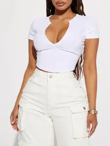Summer Fashion Casual Comfortable V Neck Short Sleeve Slim Fit Knit Top, Sexy Solid Color Tee for Women, Versatile Summer Wear