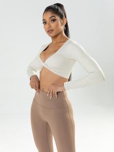 women's basic solid twist crop sports t-shirt, long sleeve deep v neck slim fit sports top, sportswear clothing for indoor outdoor swinging plate gym, workout clothes