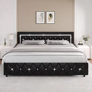 Queen & King Size Upholstered Bed Frame – Padded Platform Bed with Button-Tufted Diamond Headboard