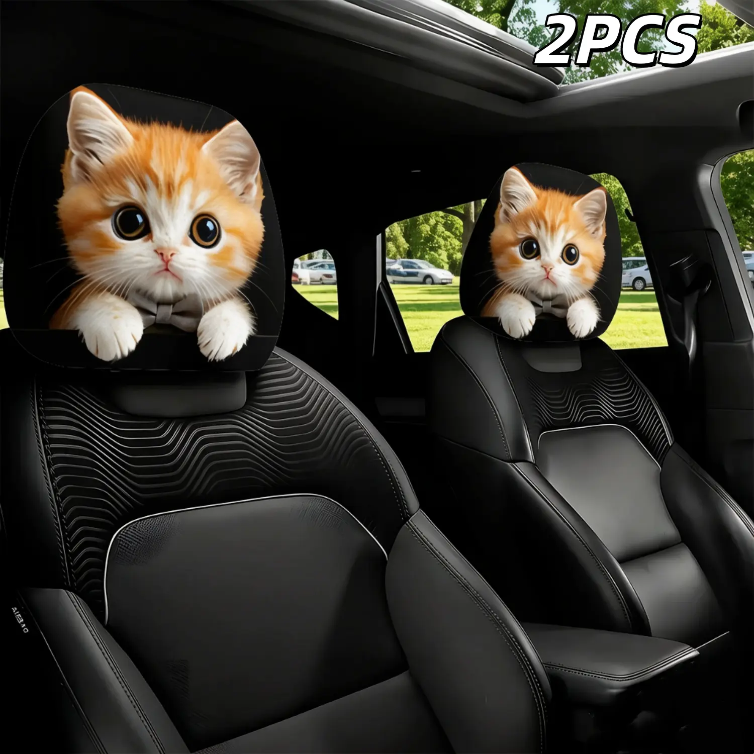 2Pcs Cute Big Eye Orange Cat Printed Car Headrest Covers, elastic design for universal easy fitting. Lovely quirky interior decor, perfect for couple road trips and rides with friends. Creates warm relaxing vibe and fun cozy driving atmosphere