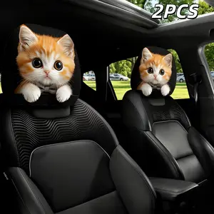 2Pcs Cute Big Eye Orange Cat Printed Car Headrest Covers, elastic design for universal easy fitting. Lovely quirky interior decor, perfect for couple road trips and rides with friends. Creates warm relaxing vibe and fun cozy driving atmosphere