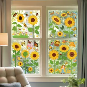 8 Sheets 95pcs Sunflower Theme Window Adhesive Film, Bee Butterfly Pattern Window Stickers, Home Classroom Office Glass Decor