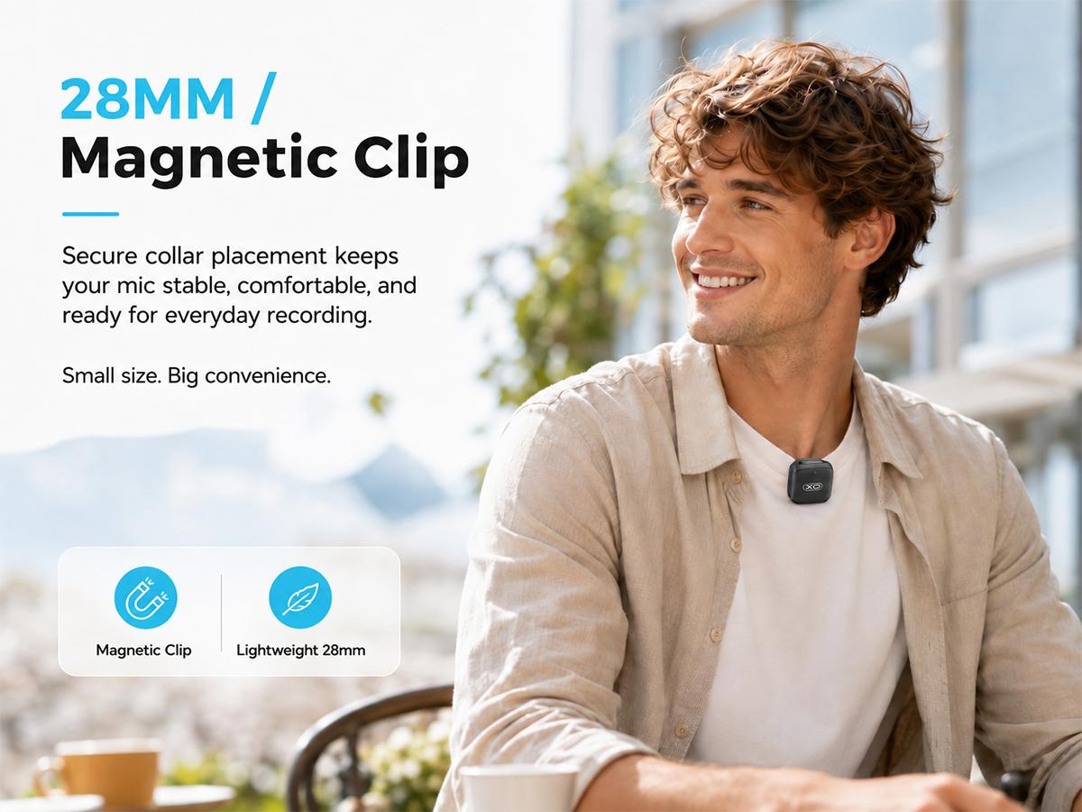Mini Magnetic Wireless Lavalier Microphone for iPhone, Android, Smartphone, 20H Playtime, 40m (131ft) Range, Plug & Play, 3 Audio Modes for YouTube, Vlog