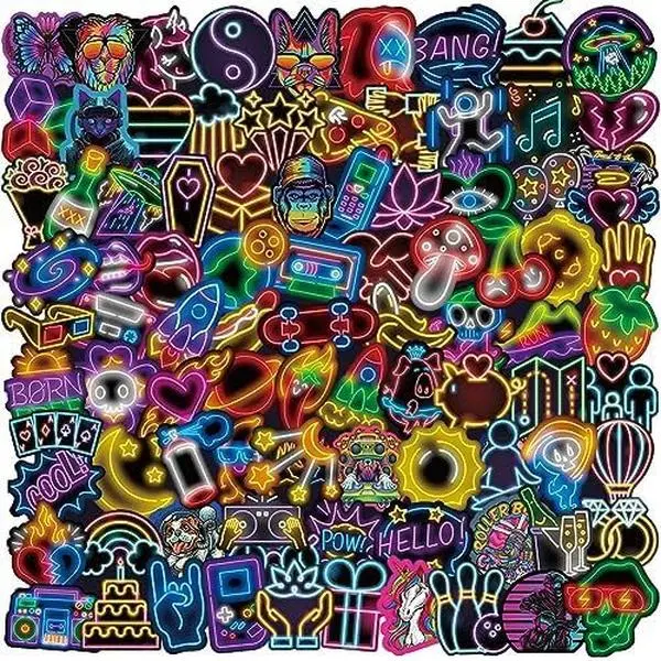 100Pcs Neon Stickers for Water Bottle, Graffiti Trippy Stickers for Laptop, Hydroflasks, Suitcase, Bicycle, Notebooks, Scrapbooking, Waterproof Vinyl Cool Decals