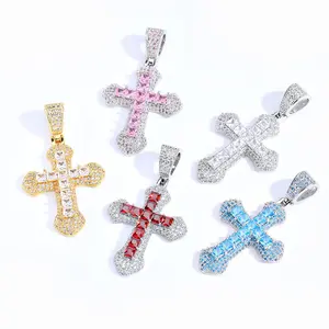 ICE OMG Luxury Colorful Iced Out Cross Pendant Necklace for Men Women Bling Zircon Diamond Hip Hop Jewelry Red Blue Pink White Stones Gold Silver Plated Religious Cross Charm Trendy Streetwear Accessories Christmas Birthday Jewelry Gifts for Her Him