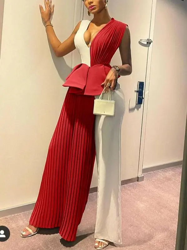 Women Sleeveless Colorblock Pleated Jumpsuit Elegant Summer Peplum Comfortable Fit