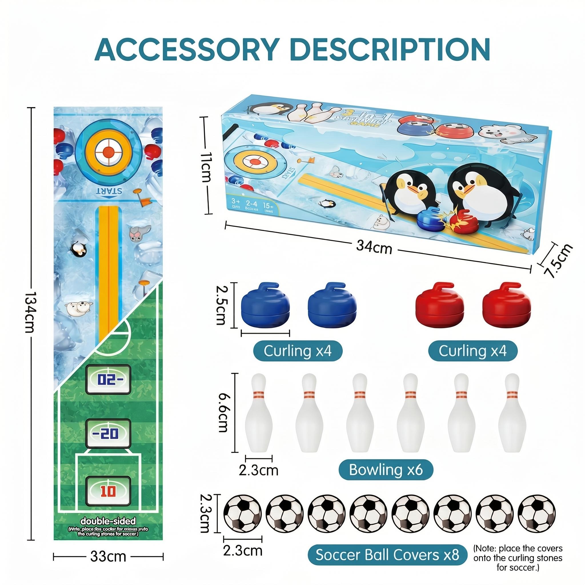Multi-Game 3-in-1 Tabletop Sports Set | Portable Mini Curling, Soccer, Bowling | Indoor Fun for Kids Adults | Family Game Night, Party & Travel