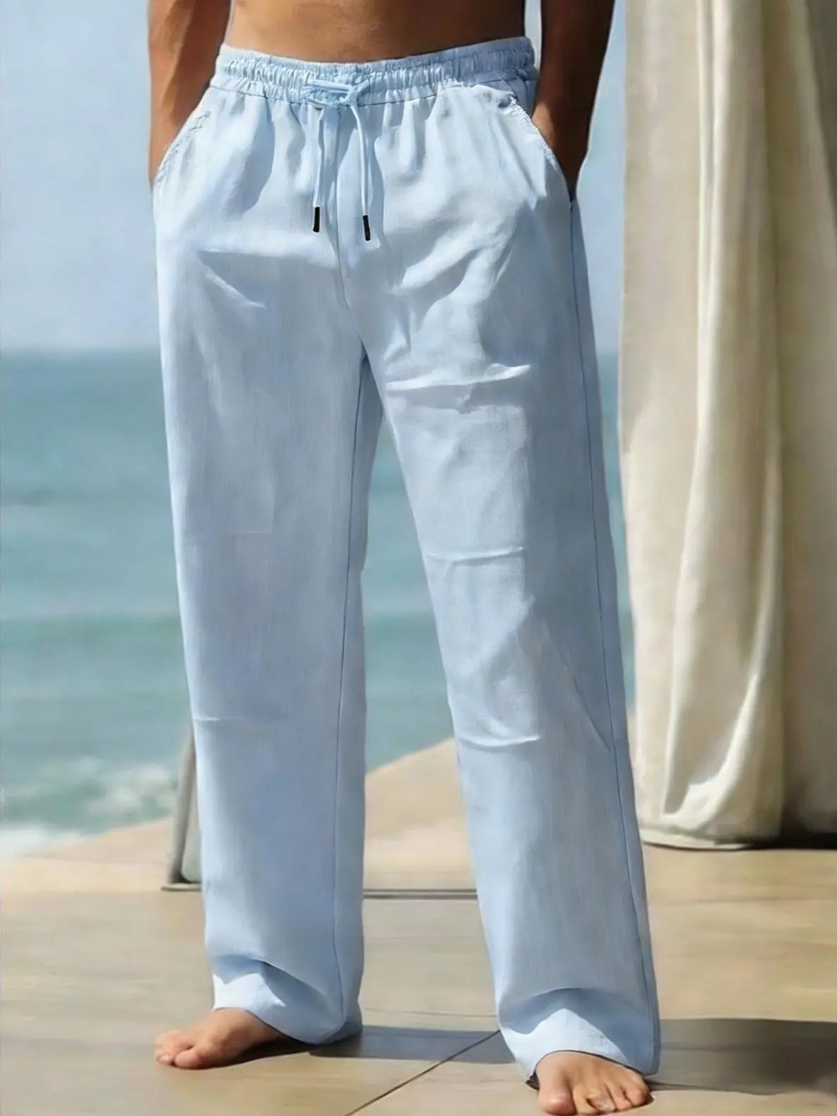 Men's summer casual wide leg pants, elastic waist tie up loose straight leg pants with side pockets, lightweight and breathable, quick drying beach pants, suitable for daily commuting, outdoor vacations and other occasions