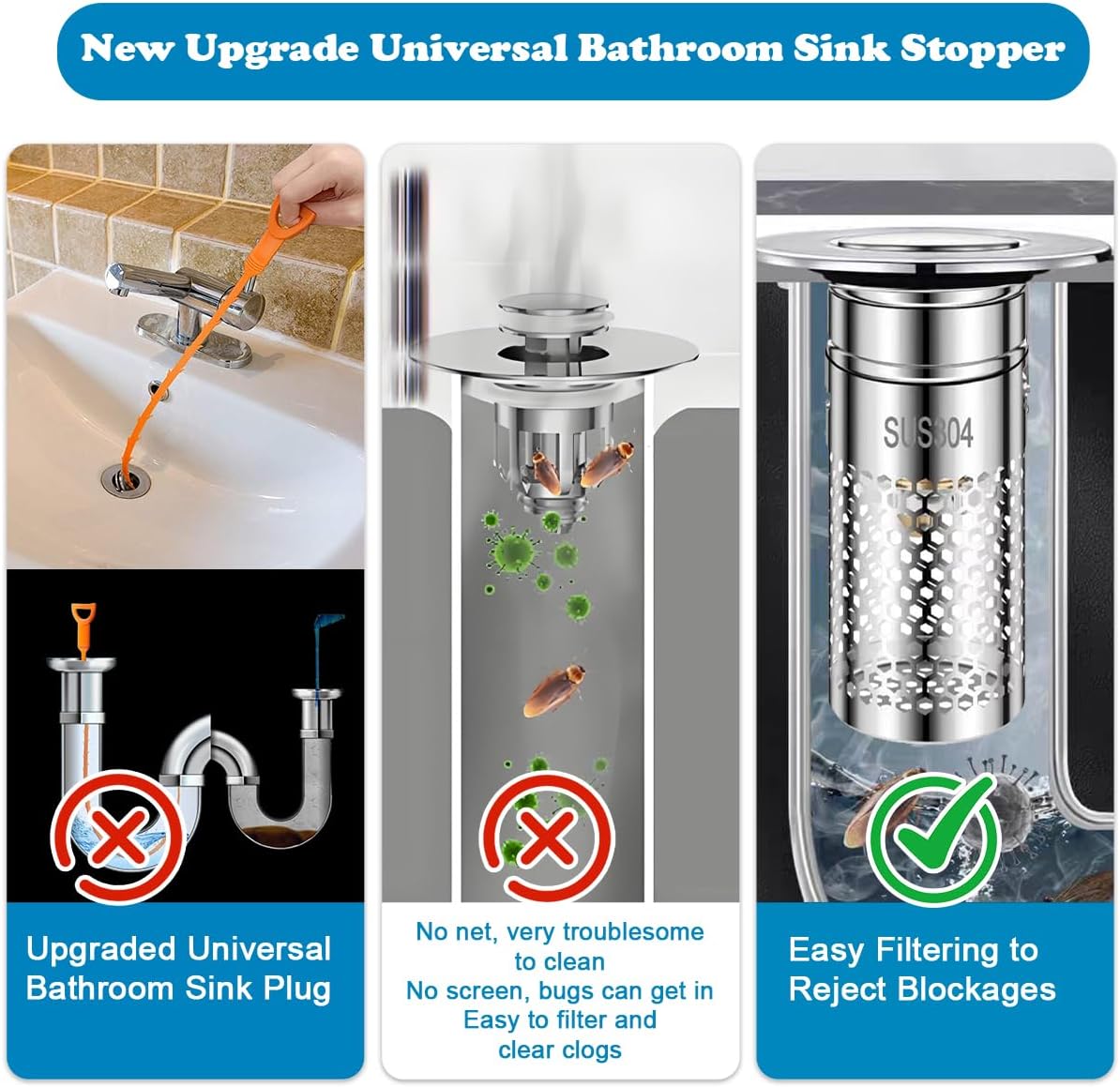 Upgrade Bathroom Sink Stopper HairCatcher, Universal Pop Up Sink Drain Filter withStainless Steel Filter Basket, Bathroom Sink Drain Strainer Brass Construction Rubber Shower