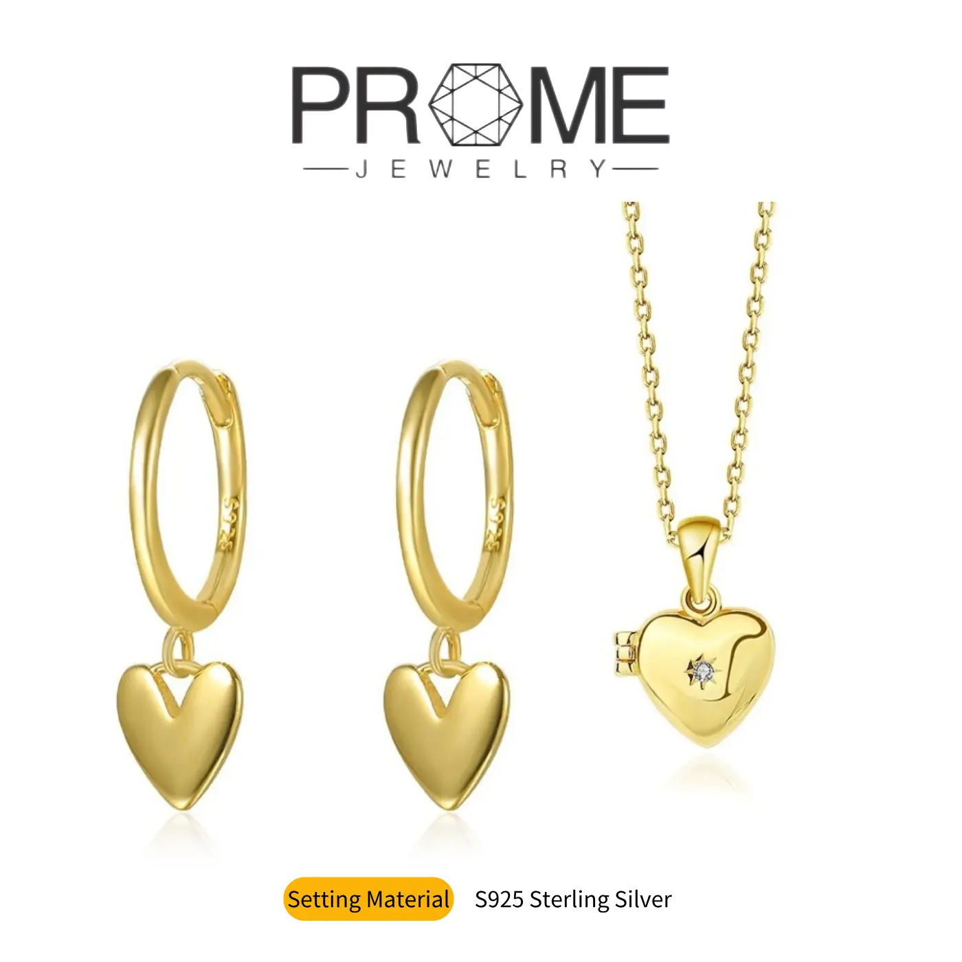 (SS017)S925 Sterling Silver Heart Locket Pendant Necklace & Earrings Set Sweet Moments for Couples, Perfect Gift