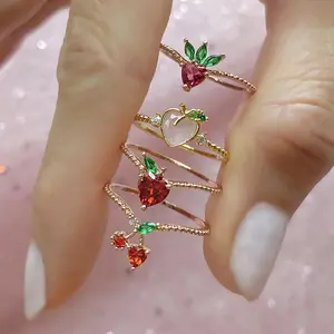 New Ins Creative Gold Plated Copper Colorful Zircon Fruit Ring Simple Color Cherry Peach Rings For Women Girls Fashion Jewelry