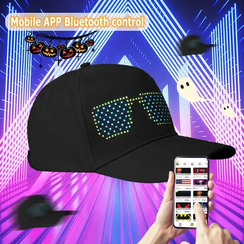 Rayforces 16x32 Full-Color Wireless LED Glowing Hat - Bluetooth App Custom GIFs/Pics/Text, Removable Display, Firework Flame Pattern, Light Up Hat for Festival Parties, Clubs, Led Glowing Hats