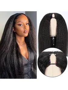 Kinky Straight V Part Wig Human Hair Upgrade Glueless Wigs 100% Real Human Hair Clip in V Part Wig With Drawstring Kinky Straight Human Hair Beginner Friendly Kinky Curly Wig