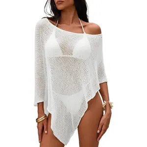 Women Sheer Bathing Suit Cover Up Crochet Knit Mesh Poncho Top Off The Shoulder Shrug Loose Beach Boho Swimwear