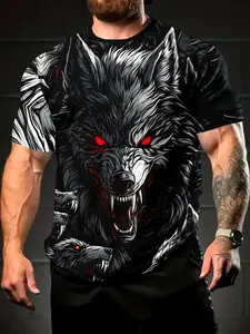 Men'S Summer Full-Body Wolf Pattern T-Shirt - Made from Breathable Knitted Fabric, Featuring a Regular Fit Short-Sleeve Round Neck Top, Suitable for Outdoor Leisure Activities And Gym Workouts, with a Wild Style Wolf Print