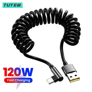 Extensible120W Short Spring Data Cable Elbow USB A To Type C Fast Charging Cable For iPhone Samsung Huawei Phone Charger Wire